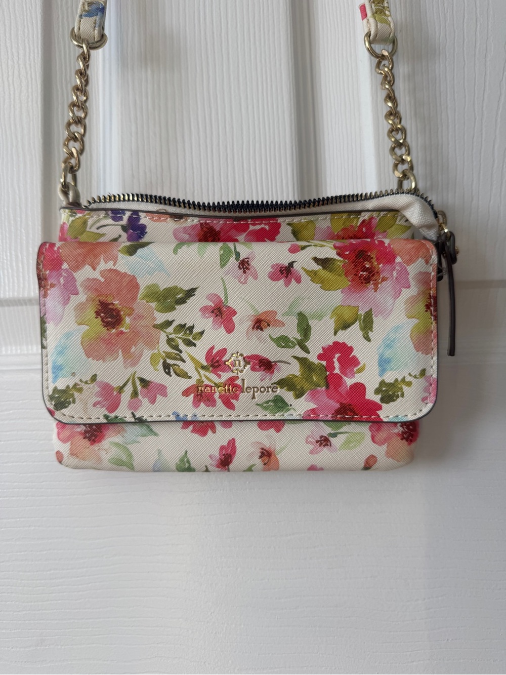 Nanette Lepore Floral Crossbody in Pink, Green & Cream with Gold Chain